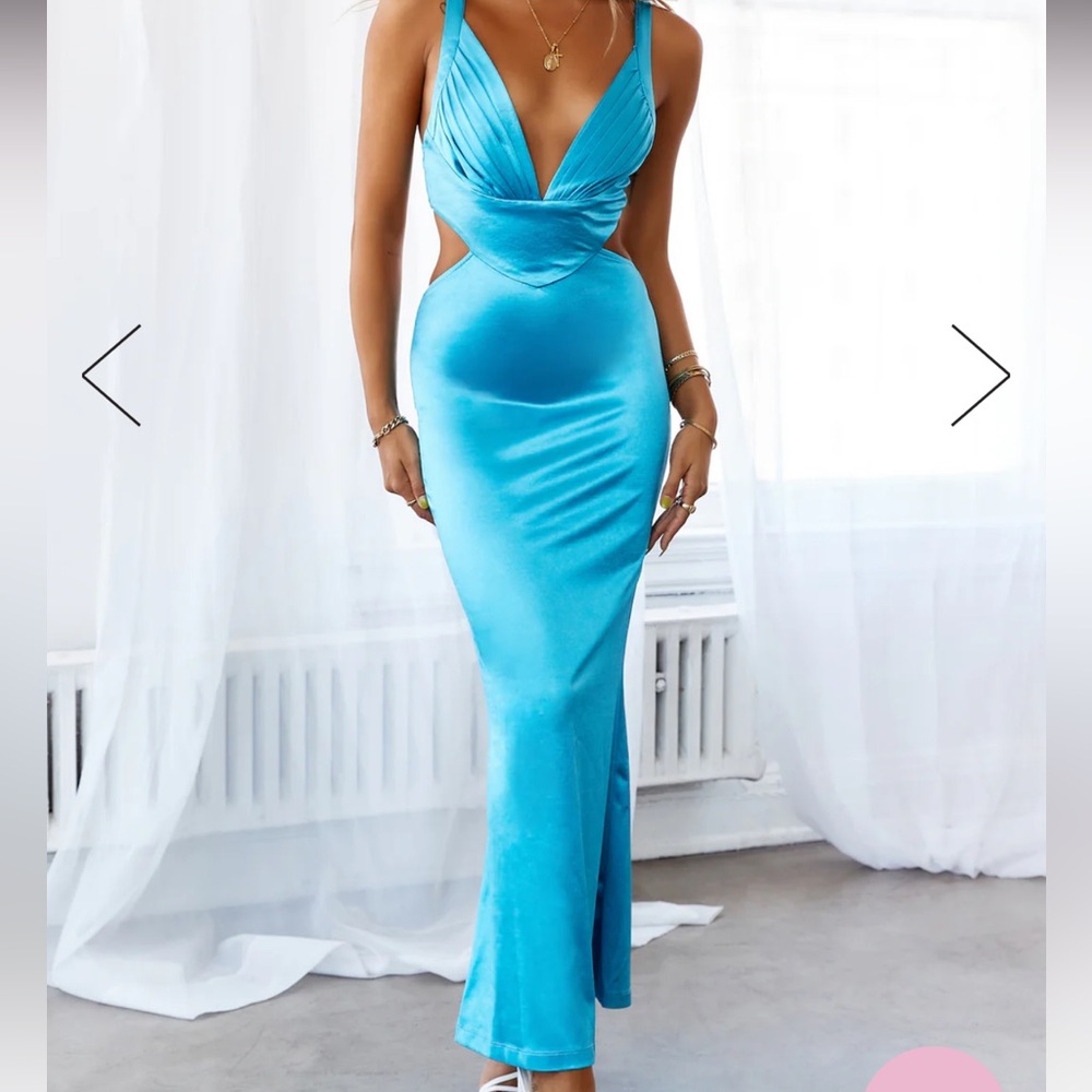 Blue Satin Cutout Formal Maxi Dress